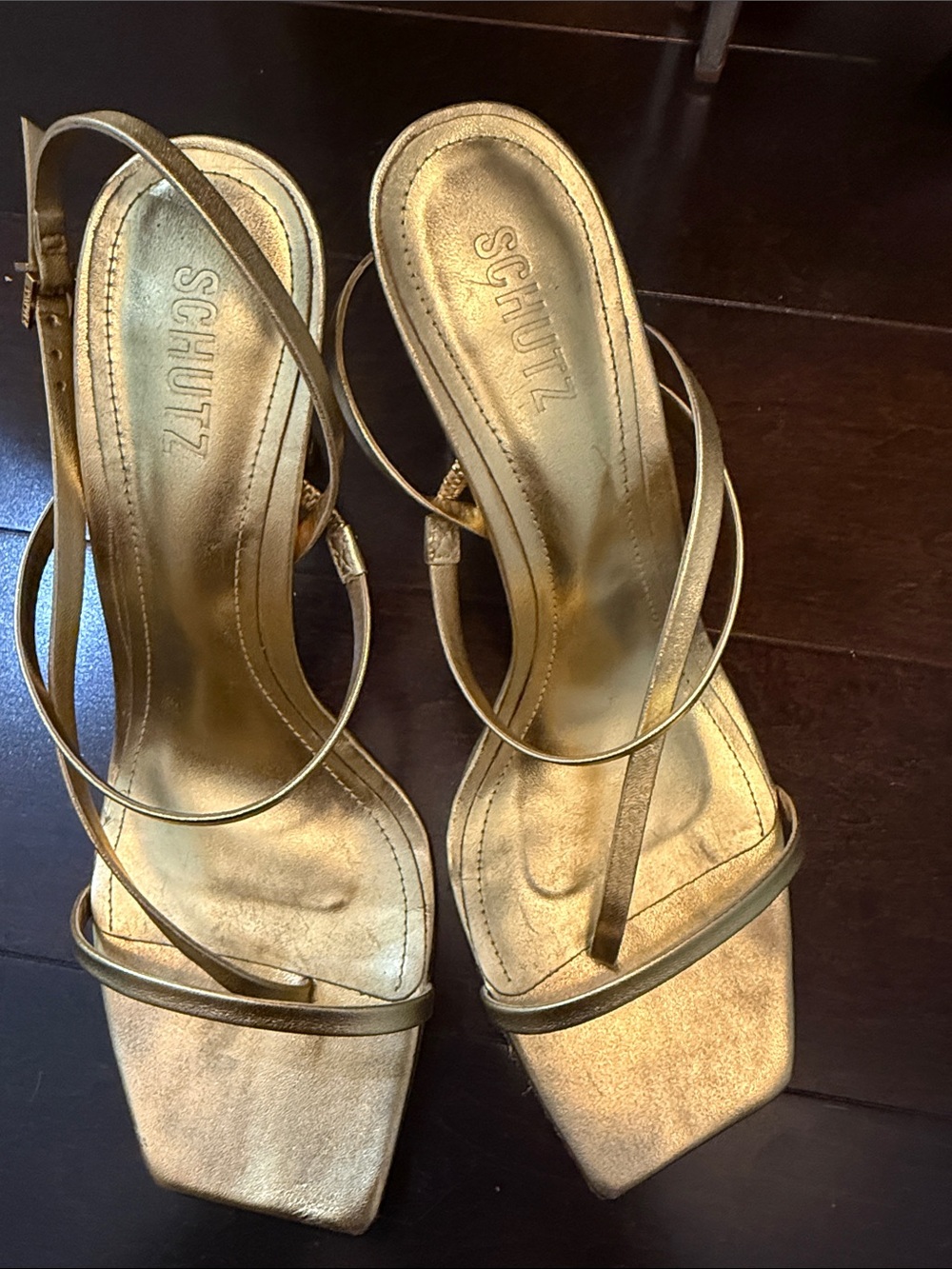 SCHUTZ Metallic Gold Strappy Square-Toe Heels